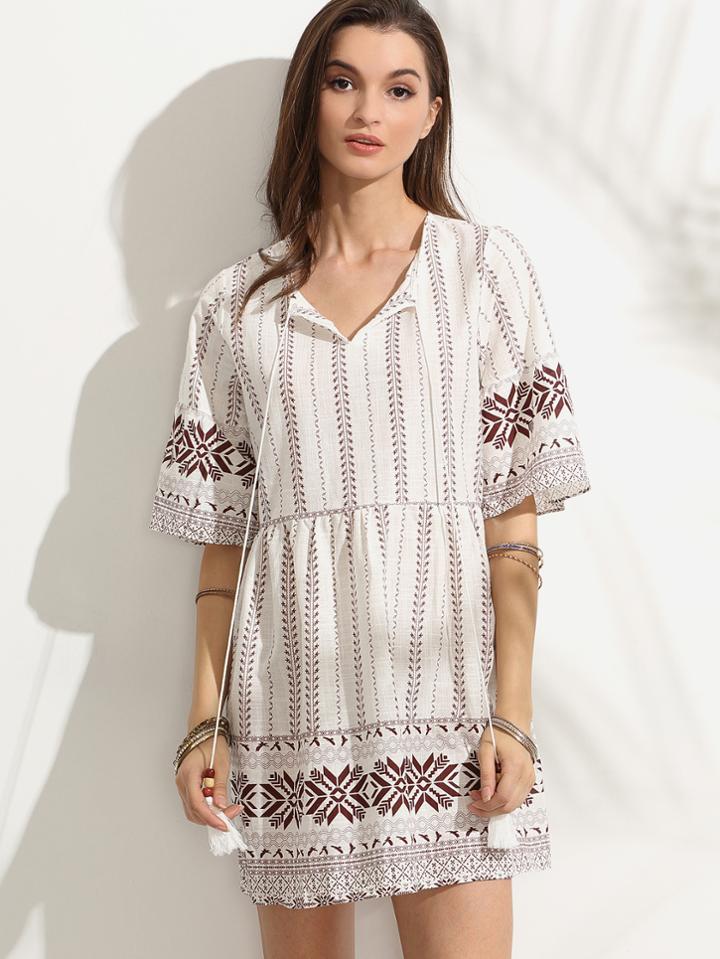 Romwe White Tribal Print Tie Neck Fringe A Line Dress
