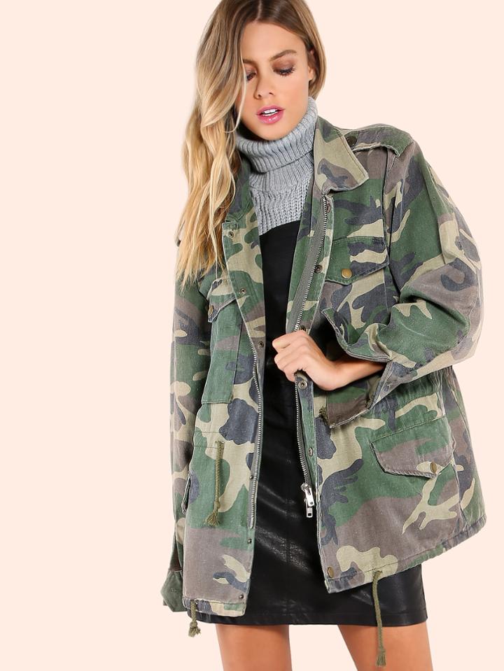 Romwe Oversized Safari Drawstring Camo Jacket Camouflage