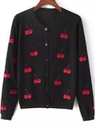 Romwe Cherry Embroidered Black Cardigan