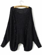 Romwe Black Hollow Out Fringe Detail Batwing Sleeve Sweater
