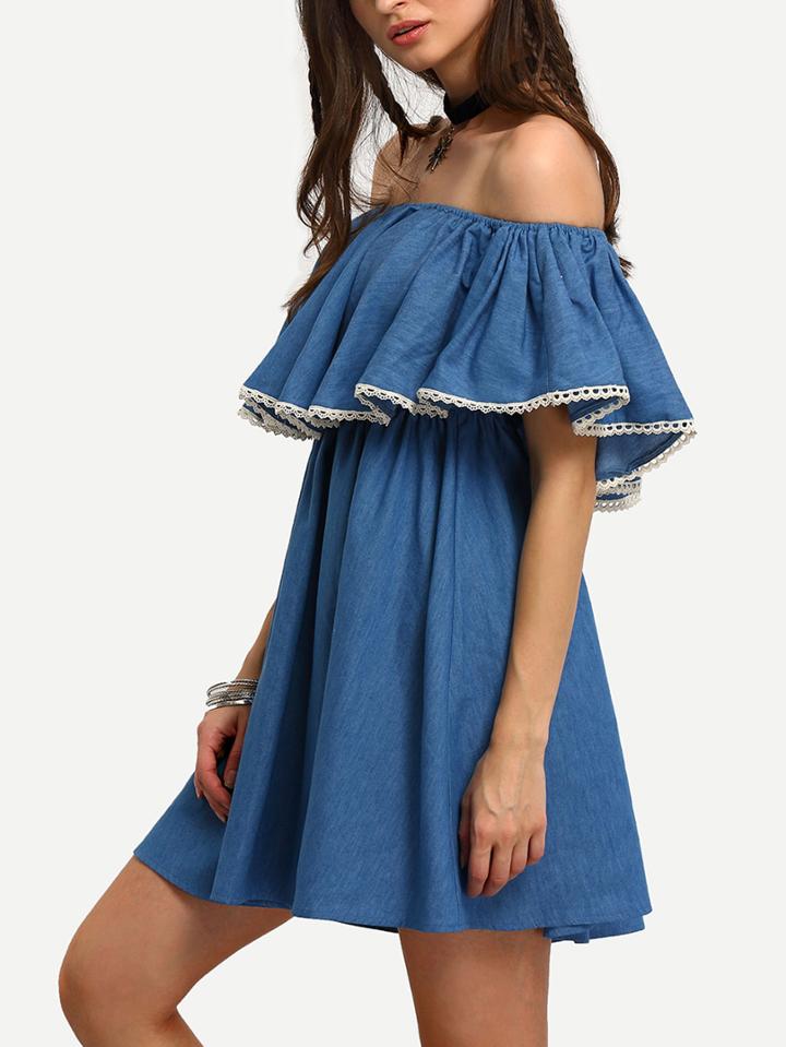 Romwe Demin Blue Off The Shoulder Ruffle Swing Dress