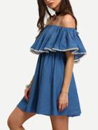 Romwe Demin Blue Off The Shoulder Ruffle Swing Dress