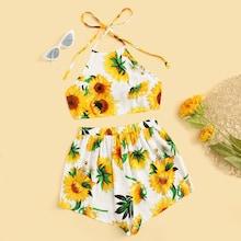 Romwe Sunflower Print Crop Halter Top With Shorts