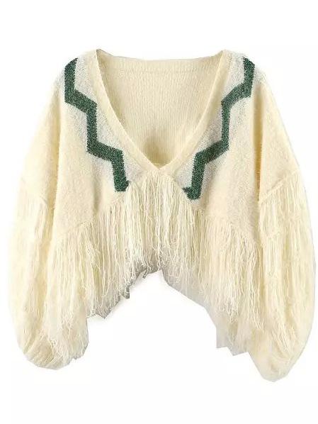Romwe V Neck Tassel Beige Poncho