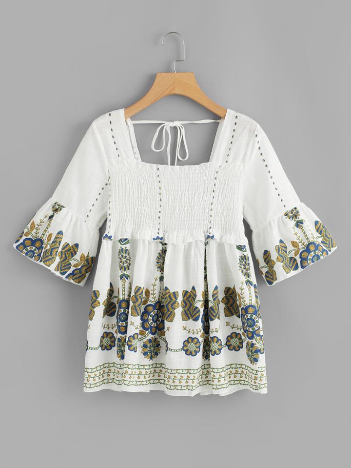Romwe Floral Print Tie Back Pleated Top