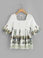 Romwe Floral Print Tie Back Pleated Top