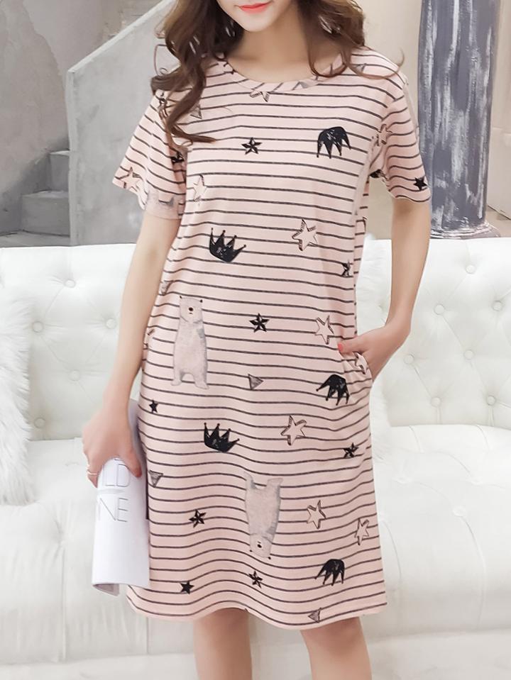 Romwe Bear Print Striped Dress