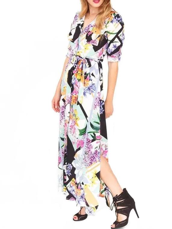 Romwe Deep V Neck Florals Slit Pockets Dress