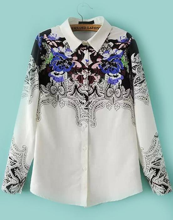 Romwe Floral Print Lapel Chiffon Blouse