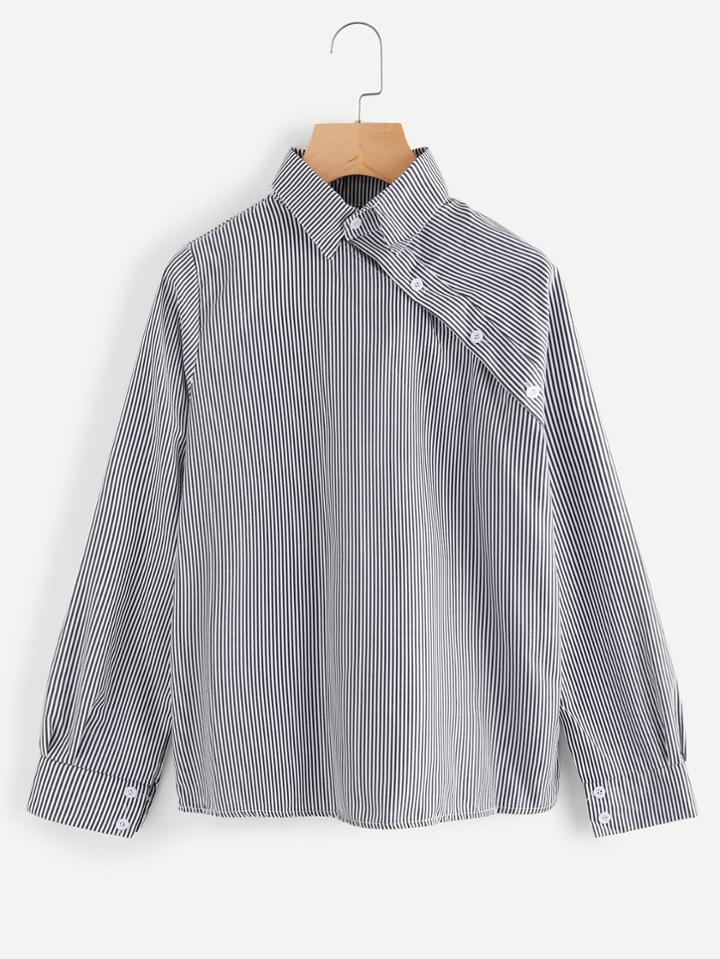 Romwe Button Detail Pinstriped Blouse