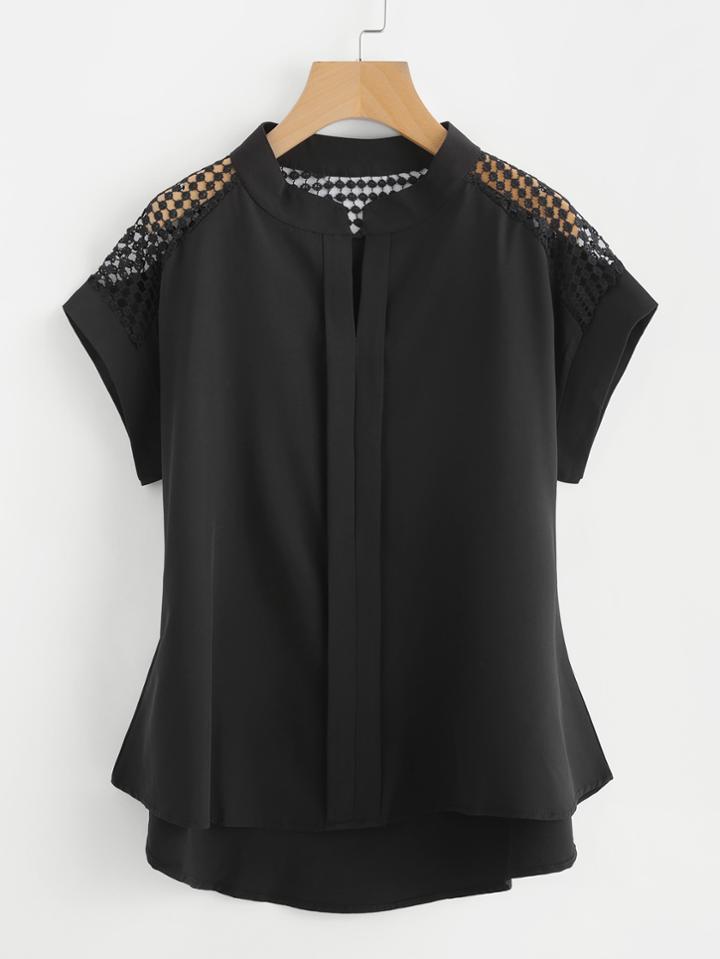 Romwe Hollow Out Lace Panel Dip Hem Blouse