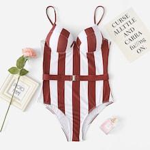 Romwe Random Pattern Belted Swimsuit