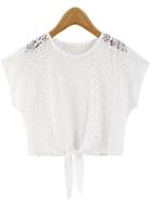 Romwe Lace Crochet Knotted Crop White Top