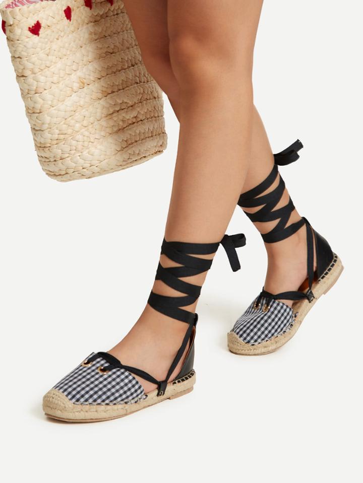Romwe Gingham Cap Toe Tie Leg Flats