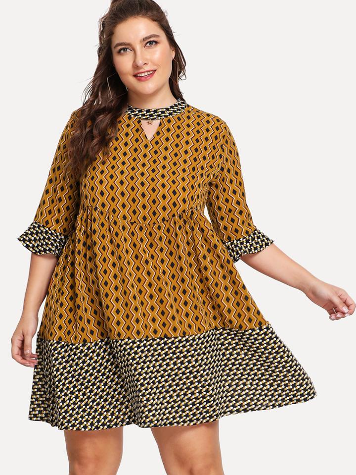 Romwe Geometric Print Colorblock Dress