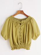Romwe Lace-up Front Shirred Frill Hem Top