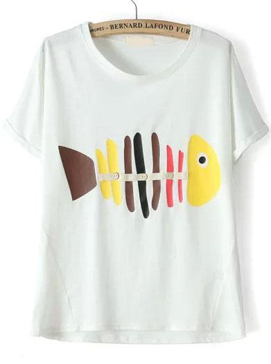 Romwe White Short Sleeve Fishbone Print T-shirt