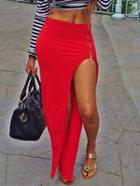 Romwe Zipper Slit Red Skirt