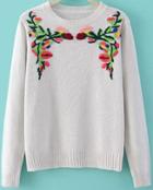 Romwe Embroidered Knit White Sweater
