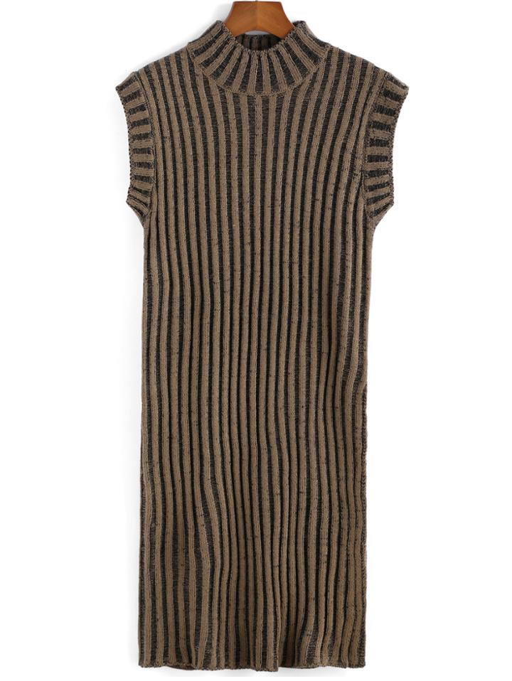 Romwe Stand Collar Vertical Striped Dark Green Sweater