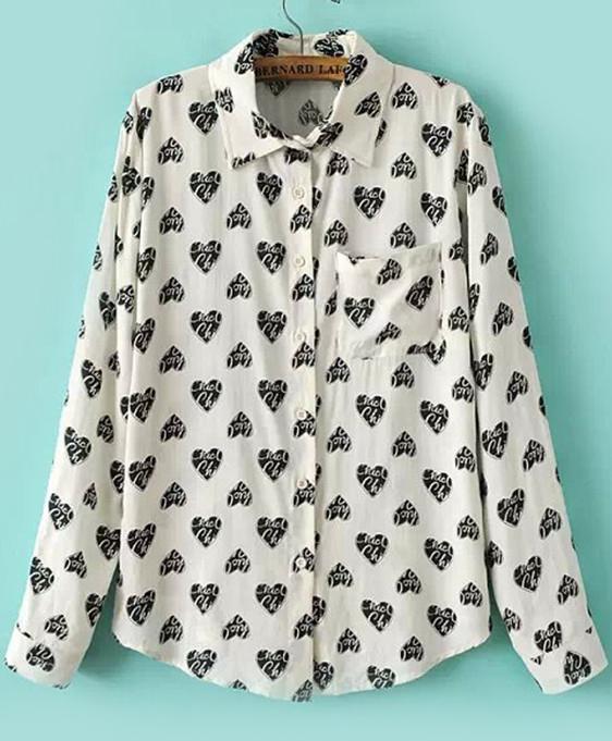 Romwe Hearts Print Lapel Loose Blouse