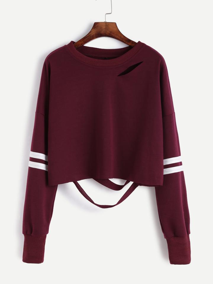 Romwe Drop Shoulder Varsity Striped Cutout Crop Sweatshirt