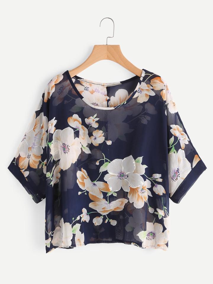Romwe Floral Print Button Back Blouse