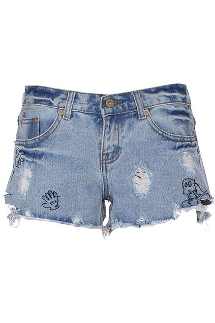 Romwe Cartoon Stitching Distressed Denim Shorts