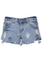 Romwe Cartoon Stitching Distressed Denim Shorts