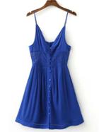 Romwe Dark Blue V Neck Spaghetti Strap Buttons Dress