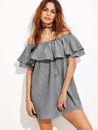 Romwe Flounce Layered Vertical Striped Bardot Dress