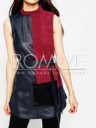 Romwe Red Navy Sleeveless Color Block Pu Lether Dress