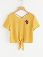 Romwe Embroidered Rose Patch Knot Front Crisscross Back Top