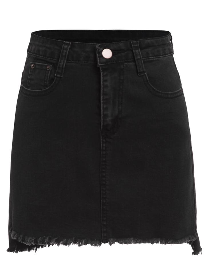 Romwe Black Raw Hem Denim Skirt