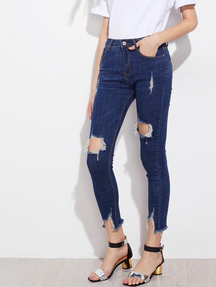 Romwe Destroyed Raw Cut Fray Hem Ankle Jeans