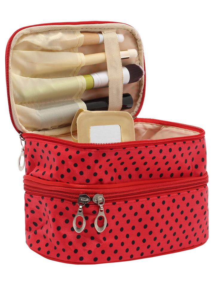 Romwe Red Polka Dot Double Layers Cosmetic Bag