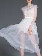 Romwe White Gauze Contrast Lace Sheer Dress