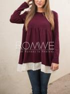 Romwe Burgundy Long Sleeve With Lace T-shirt