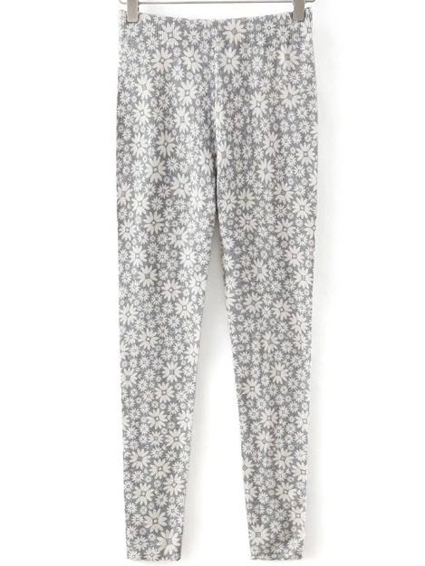 Romwe Elastic Waist Flower Print Grey Leggings