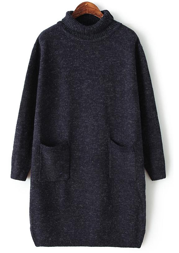 Romwe High Neck Pockets Loose Knit Navy Sweater