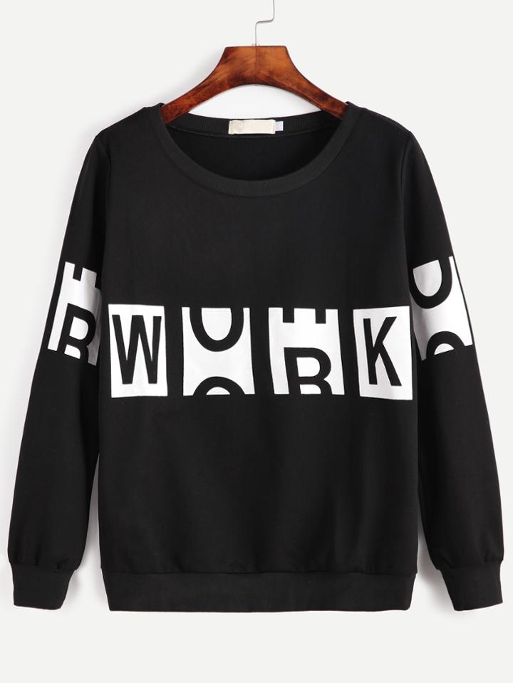 Romwe Black Letter Print Long Sleeve Sweatshirt