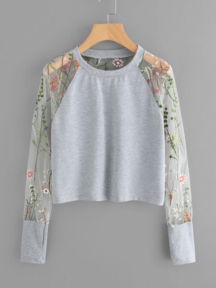 Romwe Floral Embroidered Sheer Mesh Panel Sleeve Sweatshirt