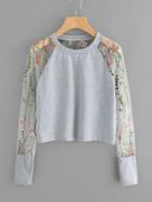 Romwe Floral Embroidered Sheer Mesh Panel Sleeve Sweatshirt