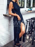 Romwe Navy Sleeveless Cut Out Split Maxi Dress