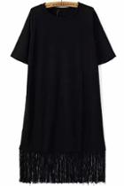 Romwe Black Short Sleeve Tassel Loose T-shirt