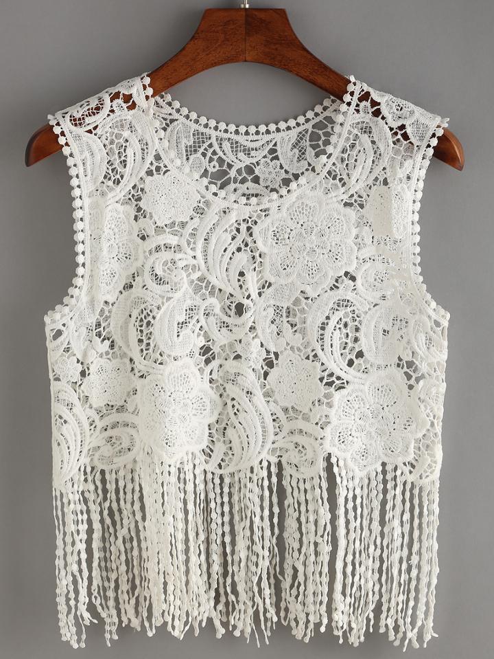 Romwe Hollow Out Crochet Fringe Tank Top