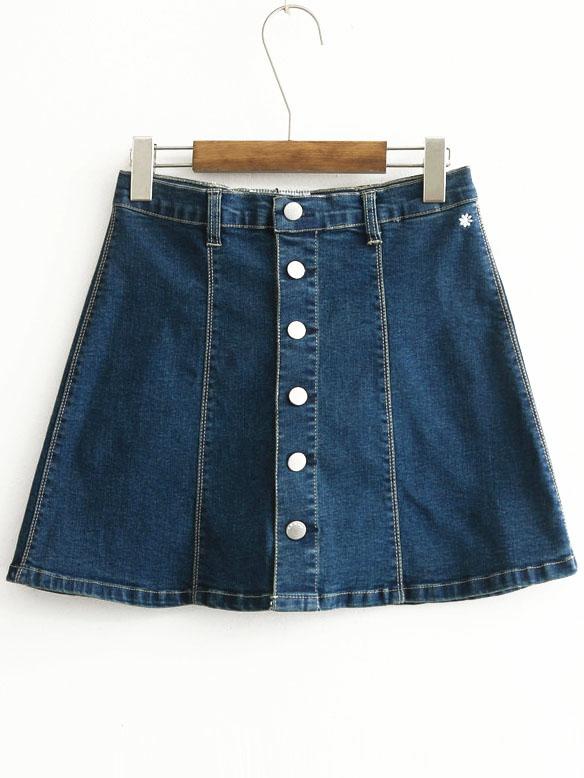 Romwe Blue Embroidered Single Breasted A Line Skirt
