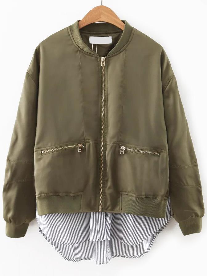 Romwe Army Green Contrast Hem Zipper Pocket Flight Jacket