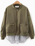Romwe Army Green Contrast Hem Zipper Pocket Flight Jacket