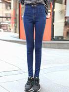 Romwe Women Blue Button Denim Slim Leg Jeans